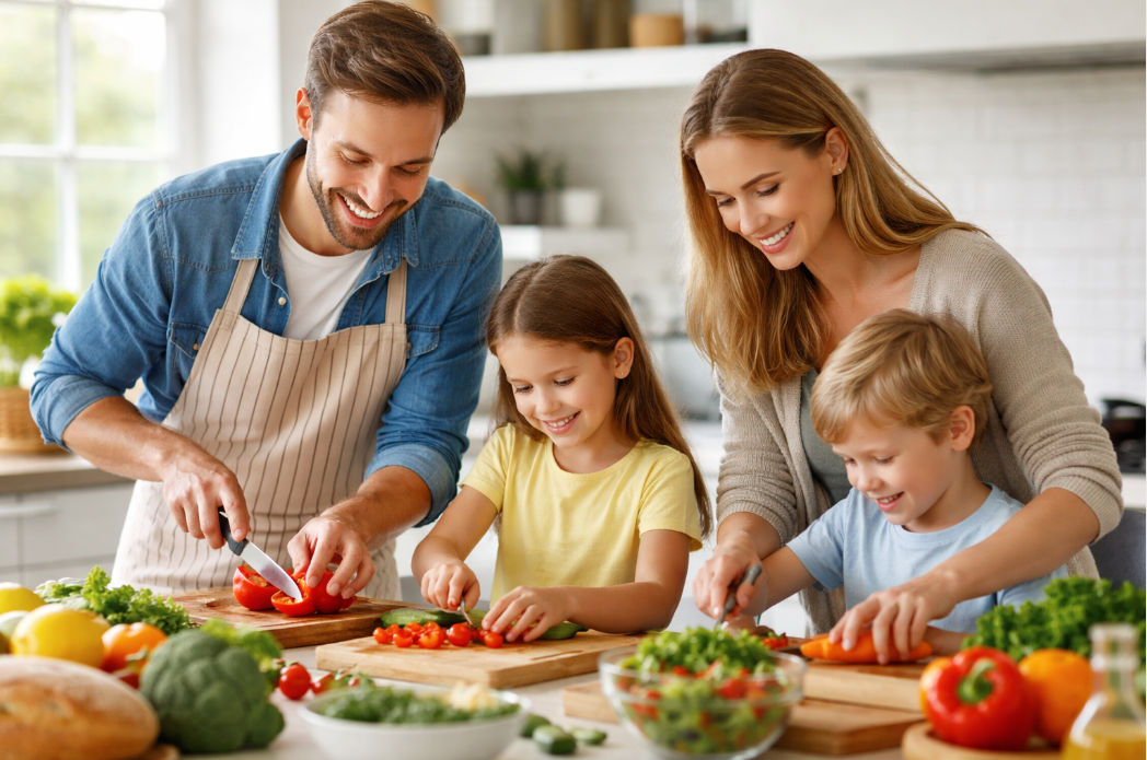 Famiglia che cucina e taglia verdure
