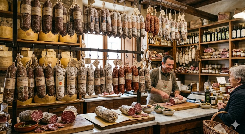 Bancone ricco di diversi salumi e insaccati.
