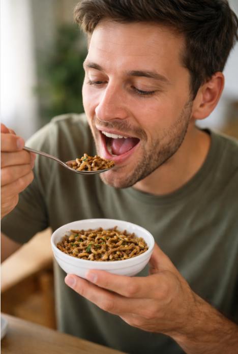 uomo che mangia insetti commestibili